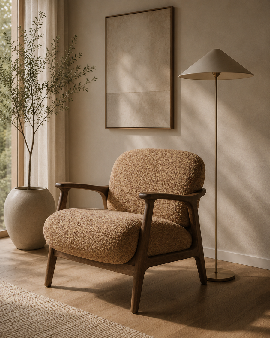 Sculptural upholstered accent chair beside a floor lamp